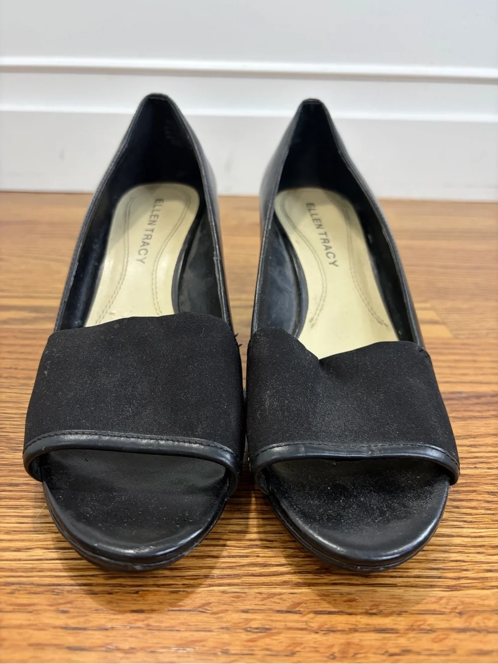Ellen Tracy Rhyme Black Wedge Peep-Toe Heels (7.5)